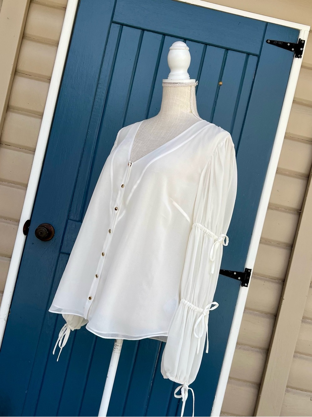 bebe Ivory V-Neck Button Front Sheer Tie-Sleeve Blouse